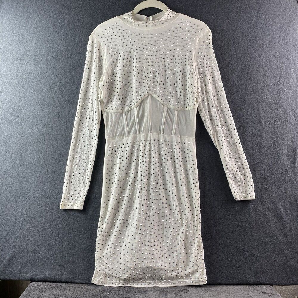 Windsor White Rhinestone Mini Dress Large L Long Sleeve Sheer Mesh Waist Sexy